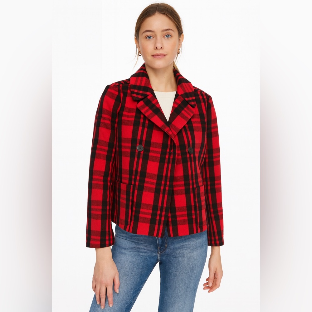 Kate‎ Spade Saturday Red Plaid Buffalo Scotch Wool Peacoat Jacket size Small